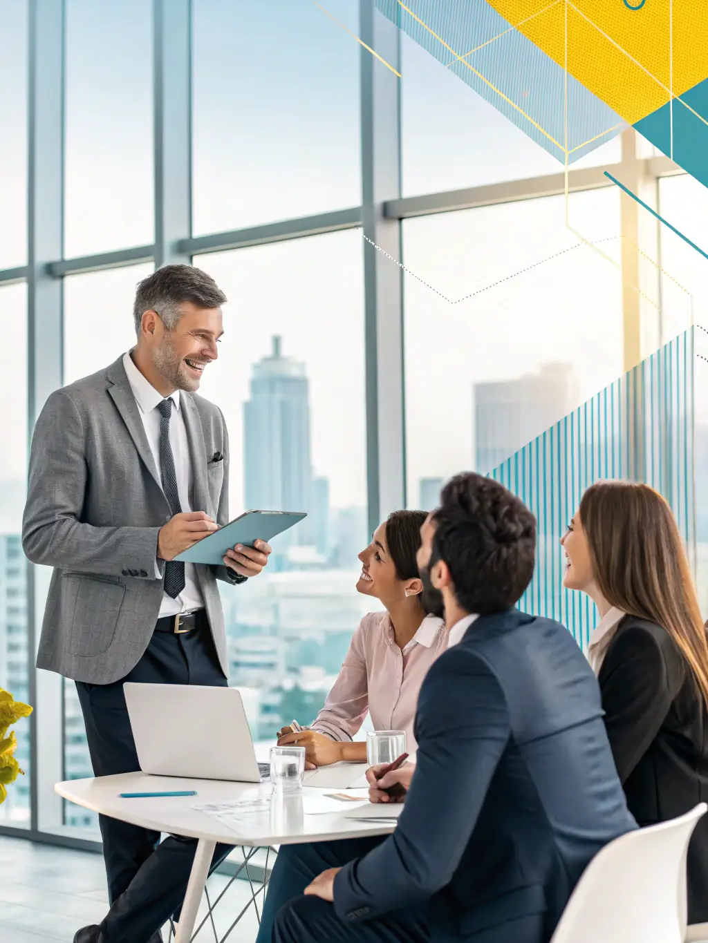 A consultant in a suit, standing in front of a whiteboard covered in strategic plans and data charts, smiling confidently, representing strategic consulting services.