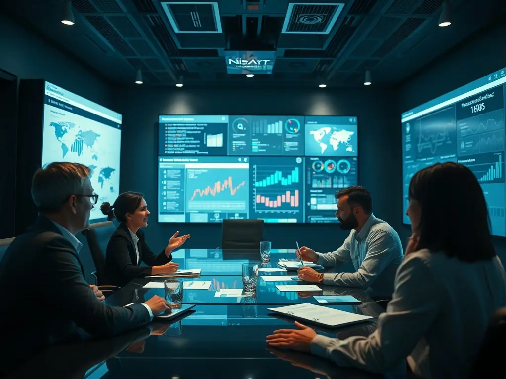An image depicting a team of consultants brainstorming over a digital strategy map, with charts and data visualizations in the background.