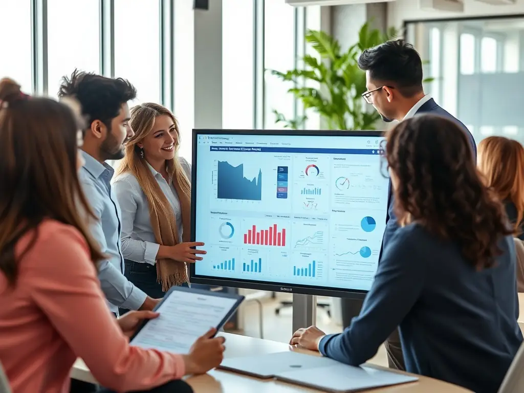 An image depicting a team of consultants brainstorming over a digital strategy map in a modern office setting, emphasizing collaboration and innovation.