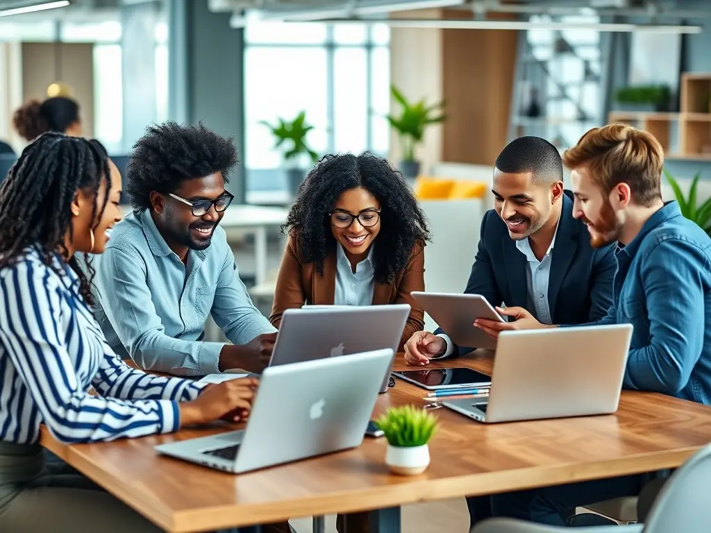 A professional image showing a diverse team collaborating on a project using digital devices in a modern office environment.