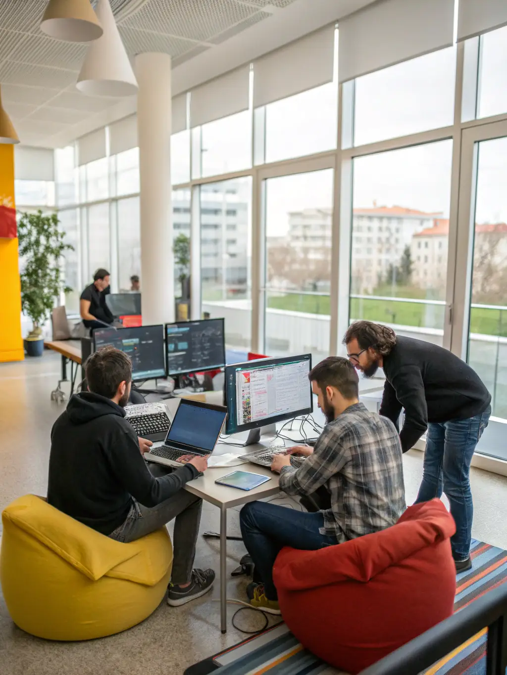 A team of IT specialists integrating new software into a company's existing computer systems, representing technology integration services.