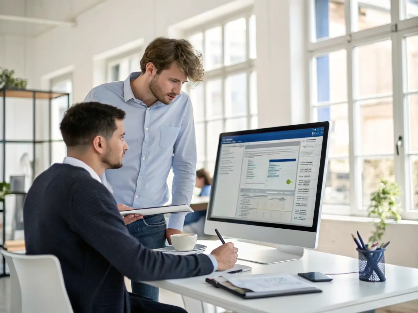 An image showing a consultant demonstrating a software solution to a client in a modern office setting.